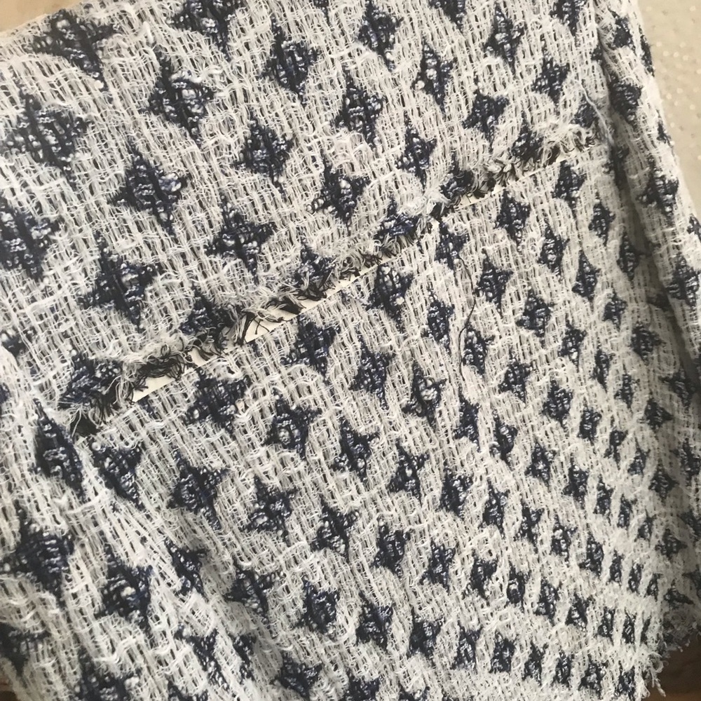 IRO blue/white diamond pattern jacket with white  lamb leather trim, frayed edge - Picture 8 of 13